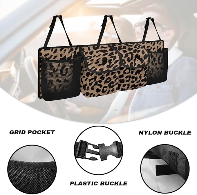 Brown Leopard Print Trunk Organizers for Men Hanging Storage Bins, Foldable Backseat Organizer for SUVs & Sedans, Sturdy Car Organization Accessories