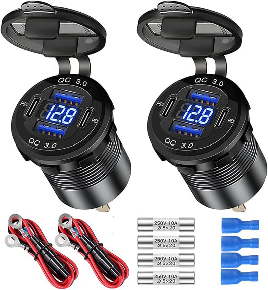 4 Port 12V USB Outlet Aluminum Charger with Voltmeter, 78W Fast Charge Dual PD3.0 & QC3.0 Multiple USB Port for Car, Marine USB C Socket Cigarette Lighter Replacement Waterproof 12 Volt Outlet, 2 Pack