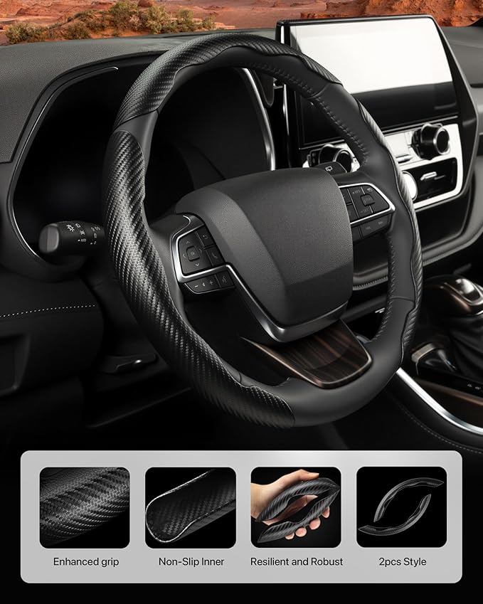 West Llama Customized Carbon Fiber Steering Wheel Covers for Toyota Rav4 Corolla Camry Highlander Prius, 3 Piece snap on Steering Wheel Cover (Black)