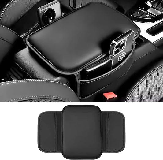 Car Center Console Cover, Leather Comfort Armrest Cover with 2 Storage Bag, Interior Car Accessories Universal Car Arm Rest Cover Pad for Car Decoration and Storage, Fit for Most Vehicle (Black)