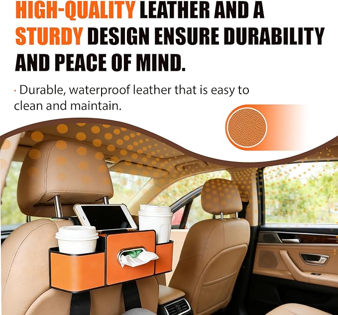 Car Backseat Organizer Multifunction Storage Box Vehicle Seat Accessories Cup Tissue Trash Hooks Phone Snack Drink Handbag Leather Interior Utility Portable Durable Easy Installation Secure(Black)