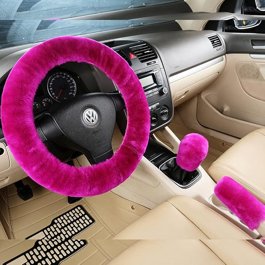 3Pcs/Set Pure Wool Fur Furry Steering Wheel Cover, Soft Fluffy Handbrake Cover Gear Shift Cover for Women Car SUV Truck Australia Sheepskin Accessories
