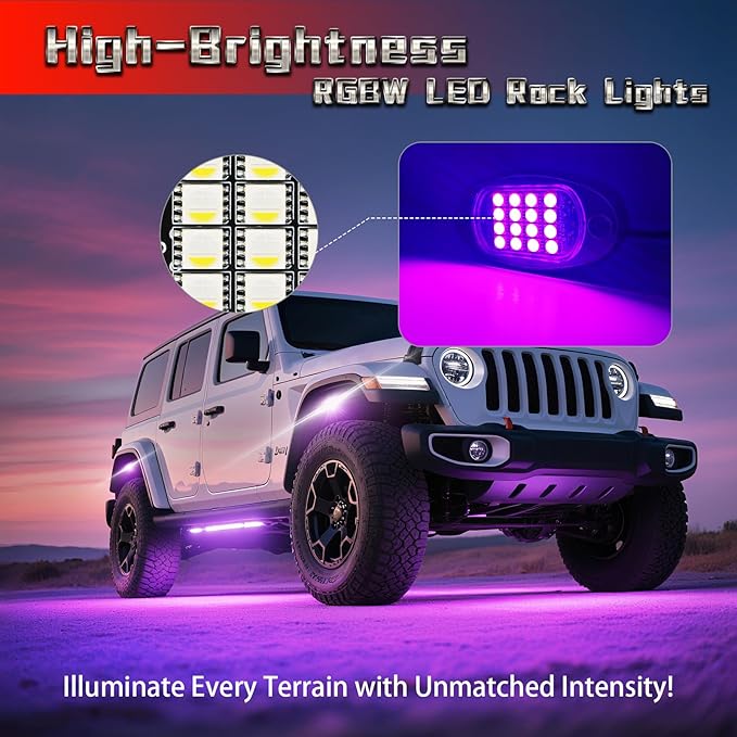 8 Pods RGBW LED Rock Lights for Jeeps Truck Off Road ATV UTV Golf Cart RZR SXS, Waterproof Multicolor Neon Underglow Kit with APP/RF Remote Control&Brake Red Function,12V Pure White Underbody Lights