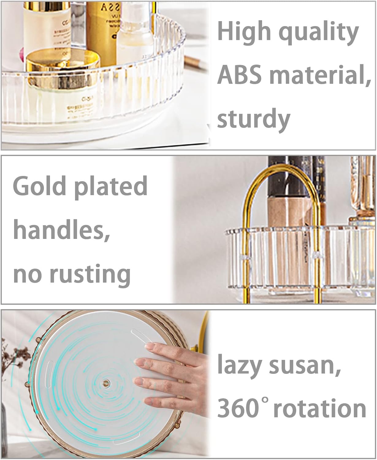 Rotating Makeup Organizer for Vanity, High-Capacity Skincare Clear Make Up Storage Perfume Organizers Cosmetic Dresser Organizer Countertop 360 Spinning (Clear, 3 Tier)
