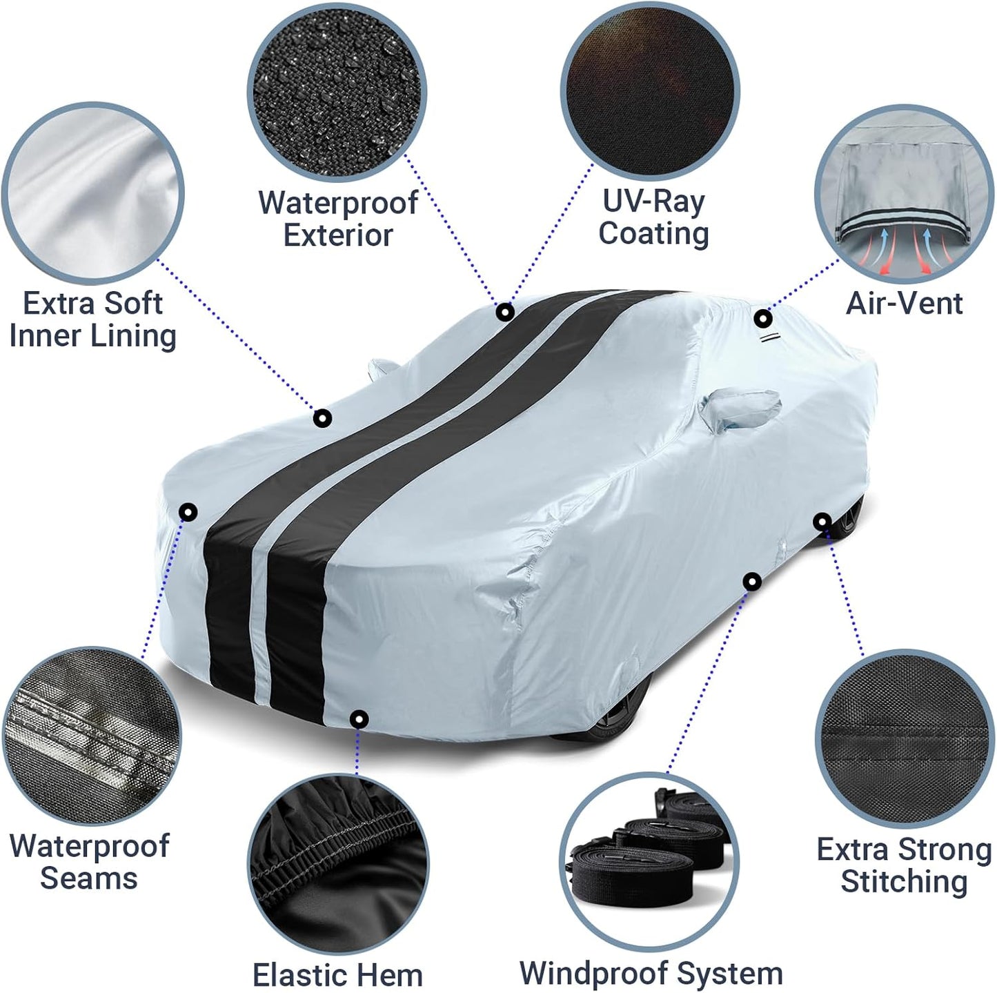 iCarCover Custom Car Cover for Pontiac Sunbird 4-Door (1988-1994) Waterproof All-Weather Rain Snow UV Sun Protector Full Exterior Indoor Outdoor Car Cover (Stripe - Gray/Black)