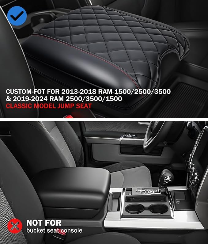 Center Console Cover for 2013-2018 Ram 1500 & 2013-2024 Ram 2500/3500/1500 Accessories, Leather Middle Armrest Console Cover Elbow Arm Rest Cushion for Car(Jump Seat Console Only)