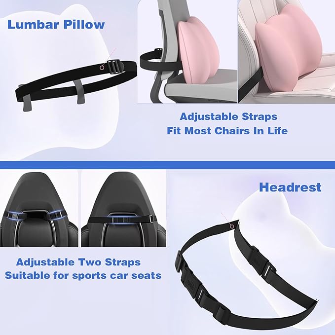 Lumbar Support Pillow for Car/Office Chair, Memory Foam Back Cushion for Car Seat, Lower Back Pillow Fits Most Cars, Trucks, with Adjustable Strap and Washable Cover, Back Pain Relief,Pink