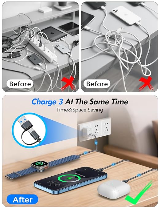 Travel Essentials for Apple Watch Charger,iPhone Charger,3 in 2 Type C/L/Magnetic Fast Charging Cable,Multi Charging Cable Portable Designed for iWatch Series,iPhone 17-11,Galaxy S26-S21,Car-5FT