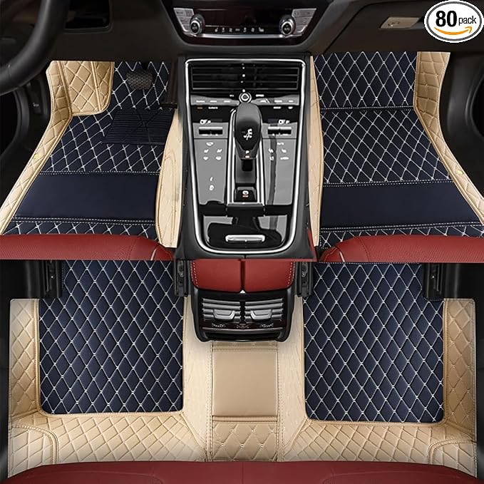 TREGOO All Weather Car Mats Custom Fit Non Slip Floor Mats for 1998-2025 Cars Personalized Leather Protection Pads Suitable for Men Women (Edge Beige, Black Beige)