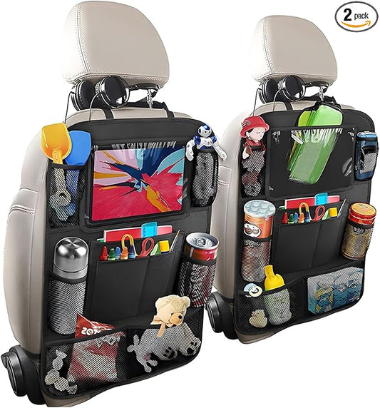 2PCS Car Backseat Organizer, Oxford Car Back Seat Protecter Kick Mat with Touch Screen Tablet Holder, Waterproof Automotive Seatback Storage Bag with Multi Functional Pockets (Regular Style)