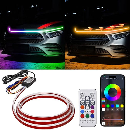 59 Inches RGB Multi-Color Dynamic Scanning Starter Hood Lights, Car LED Hood Light Strip, Exterior Flexible Headlight Waterproof Daytime Running Lamps Strips (1 Set)