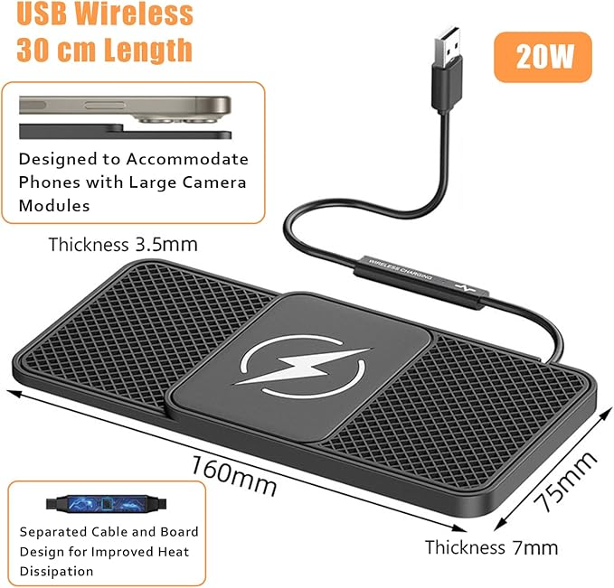 Wireless Car Phone Charger for Toyota Echo Platz Yaris Tacoma Tundra Hilux, Type C/USB 20W Fast Charging Pad, Non-Slip Charging Station for Travel Home Office Desk, Lightweight, USB