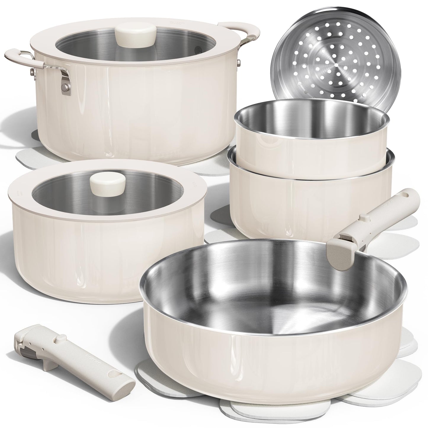 CAROTE 14pcs Pots and Pans Set, Stainless Steel Cookware Set Detachable Handle, Induction Kitchen Cookware Sets with Removable Handle, RV Cookware Set, Oven Safe, Camping Cookware, White