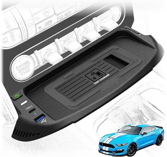 Car Wireless Charger for Ford Mustang 2015-2022, 15W Center Console Wireless Charging Tray Qi Wireless Charging Station with USB Port