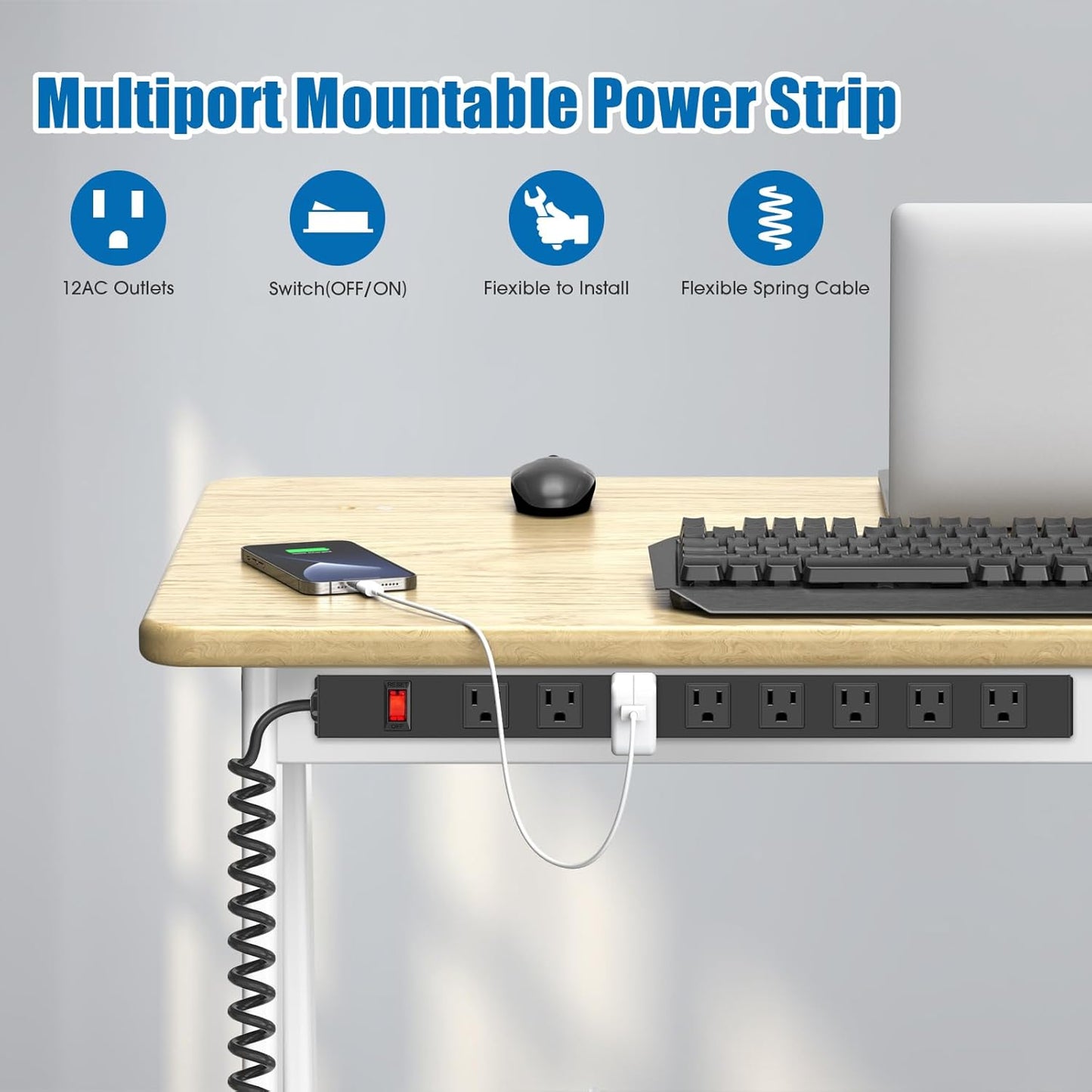 HHSOET 8 Outlet Metal Wall Mount Power Strip, Mountable Outlet with Switch, Heavy Duty Wide Spaced Surge Protector, 4 FT SJT 14AWG Black Spring Cord.