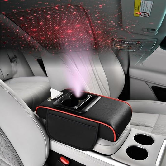 Car Armrest Pad Cover with Red Starry Sky LED Projection, Dual Type-C Charging Ports, Leather Car Center Console Cushion with Cup Holder, Tissue Holder (Red Starry Sky LED Projection, Black-Red)