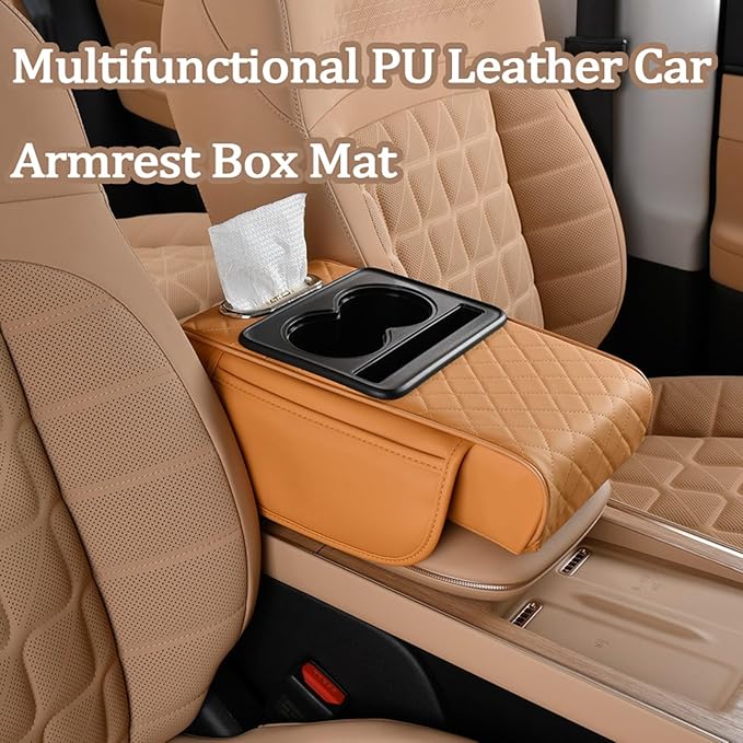 Multifunctional Pu Leather Car Armrest Box Mat, 5-In-1Multifunctional Car Armrest Cushion, Car Arm Rest Cover Pad, Center Console Organizer with Cup Holder, Tissue Box & Phone Slot (Coffee)