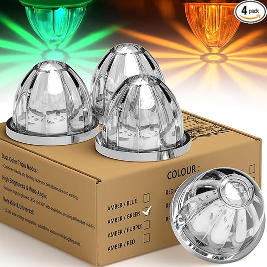 4-Pack Dual Color Watermelon Lights LED Strobe & Steady Cab Roof Clearance Warning Marker Lights with Clear Lens & Bezel Suitable for Trailer Kenworth Peterbilt Freightliner (Amber Green)