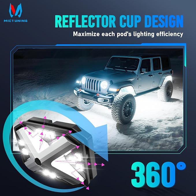 MICTUNING C4+ RGBW Rock Lights, 12 Pods 360° Ultra Bright Pure Color Underglow Neon Lights, Bluetooth APP Control & Music Mode, IP68 Waterproof, for Trucks Cars ATV UTV Golf Cart (2 Year Warranty)