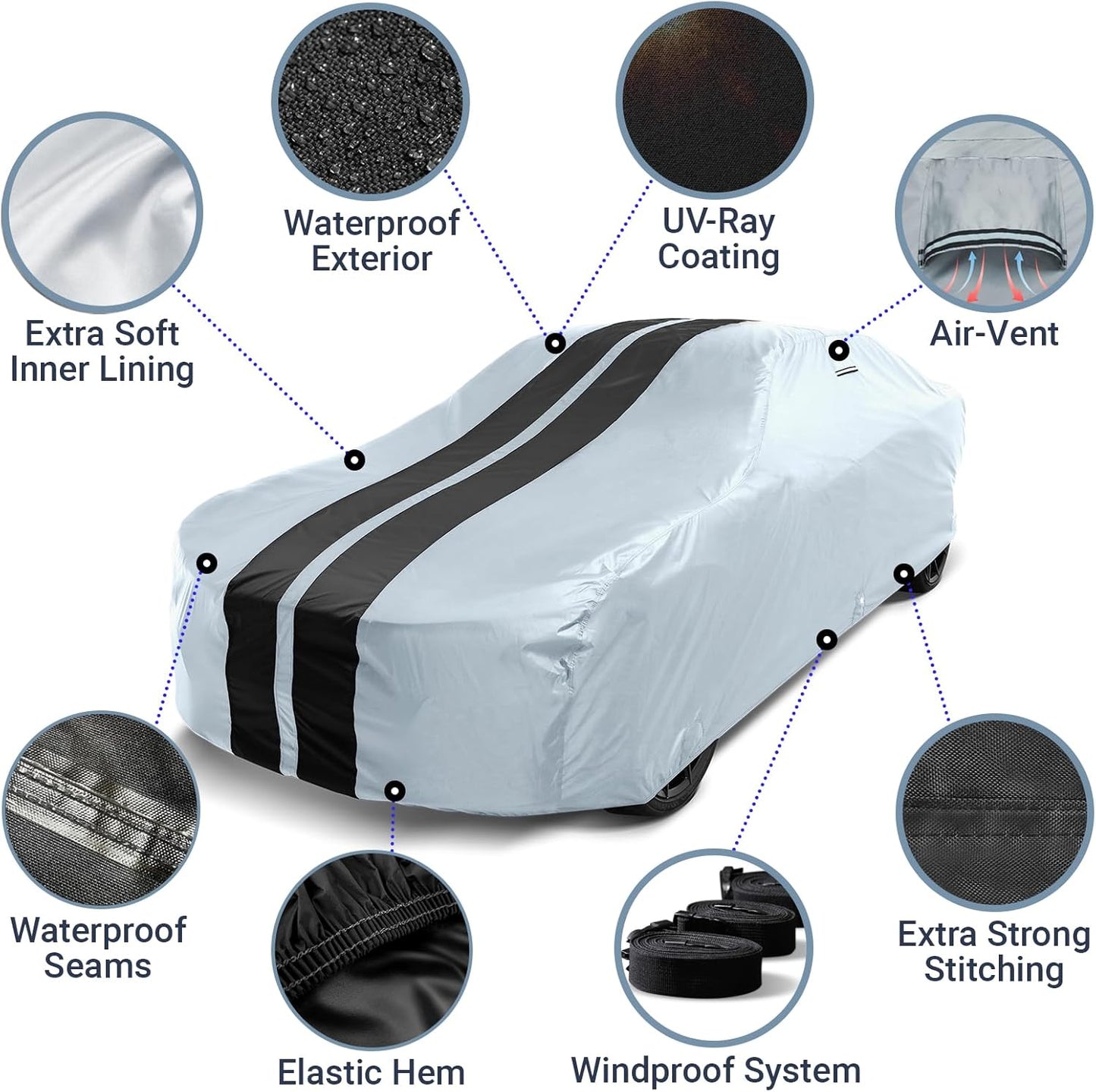 iCarCover Custom Car Cover for Pontiac Bonneville (1977-1981) Waterproof All-Weather Rain Snow UV Sun Protector Full Exterior Indoor Outdoor Car Cover (Stripe - Gray/Black)