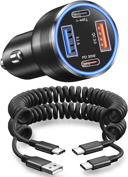 65W USB C Car Charger with Retractable Coiled USB C Cords, OKRAY 4-Port Car Charger PD30W&QC3.0 Fast Charging 12v Cigarette Lighter Adapter for iPhone 17 Air 16e 15 16 Pro, Samsung Galaxy S25 S24 A16