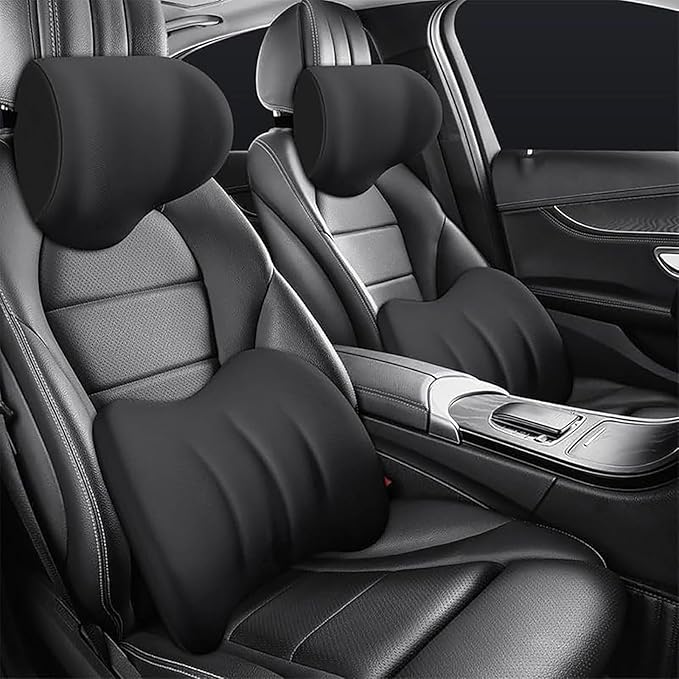 Car Headrest & Lumbar Support Cushion for Toyota RAV4 2012-2024, Ergonomic Car Seat Headrest Memory Foam Neck and Back Pillow Kit Breathable Removable for Driving Fatigue Relief,A/Black