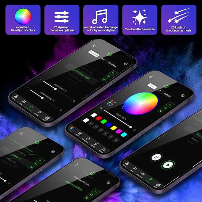 AMKI Dual Color 20W Twinkle Starlight Headliner Kit 600pcs*0.03in*9.8ft Cables+ RGB Meteor Shooting Star Fiber Optic Light Sound Activated APP/Remote Control for Car Roof Home Ceiling
