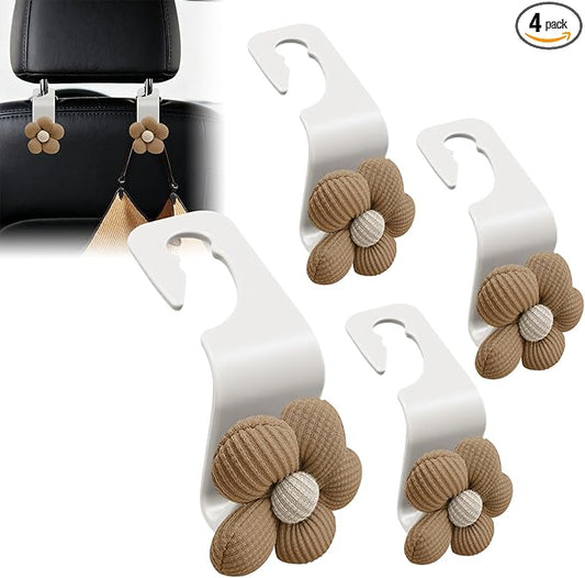 4PCS Car Headrest Hooks, Purse Hook for Car, Cute Flower Auto Backseat Organizer Hanger for Purse Grocery Bag Coat, Auto Seat Back Organizer Storage Hanger Holder Fit Vehicles (White/Orange)