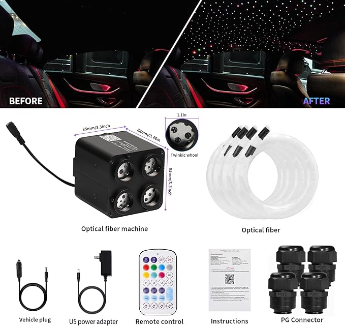 36W 4-Color RGBW Car Starlight Headliner Kit, 400pcs0.03in9.8ft, Twinkle & Sound Activate 4-Port Fiber Optic Light Engine with Bluetooth APP&Remote Control, Star Lights for Car and Home