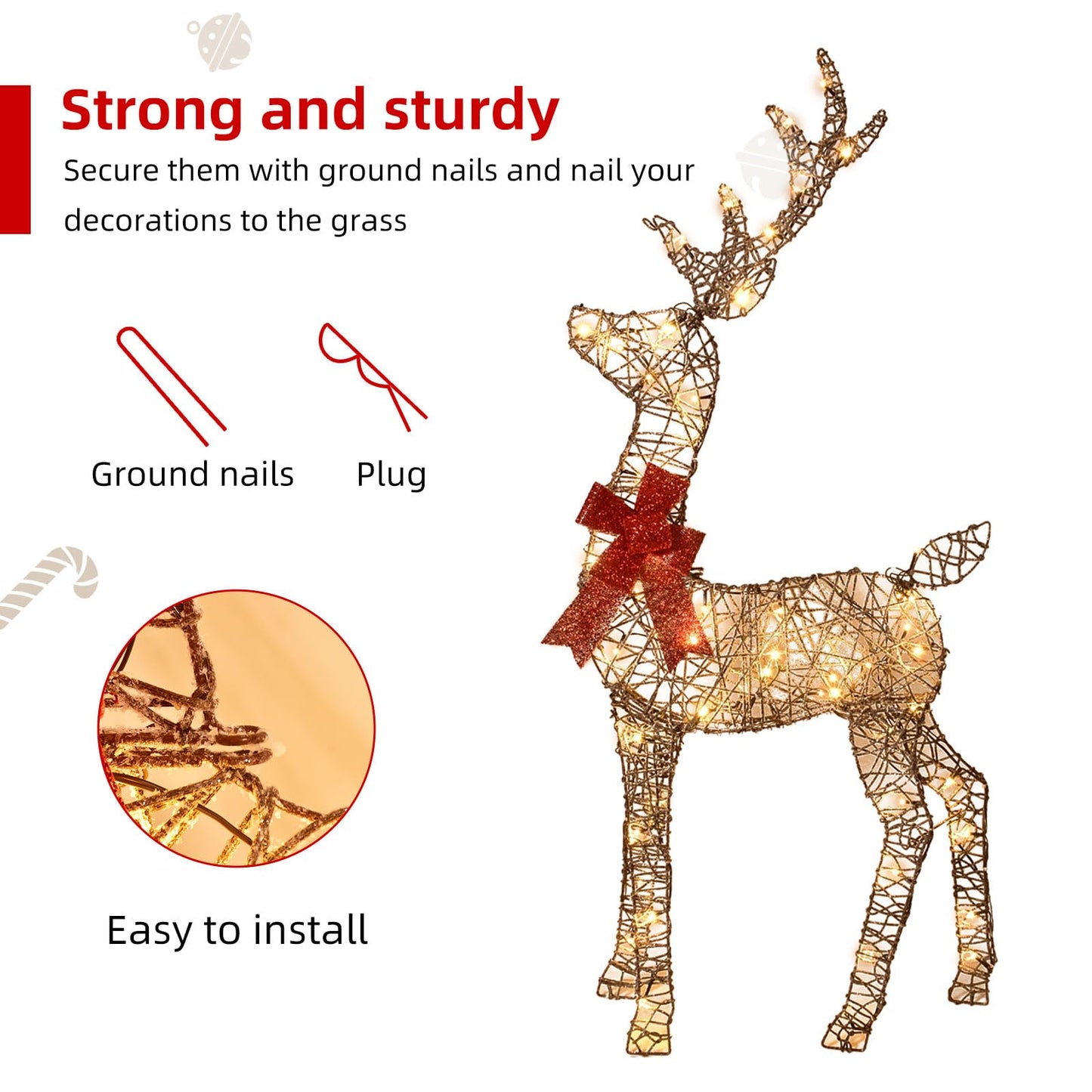 HOYECHI 4ft Christmas Decorations Outdoor Lighted Reindeer – 3-Piece 2D Deer Family Set with 145 Warm White LED Lights for Yard, Lawn, Garden & Porch Holiday Display - Rattan