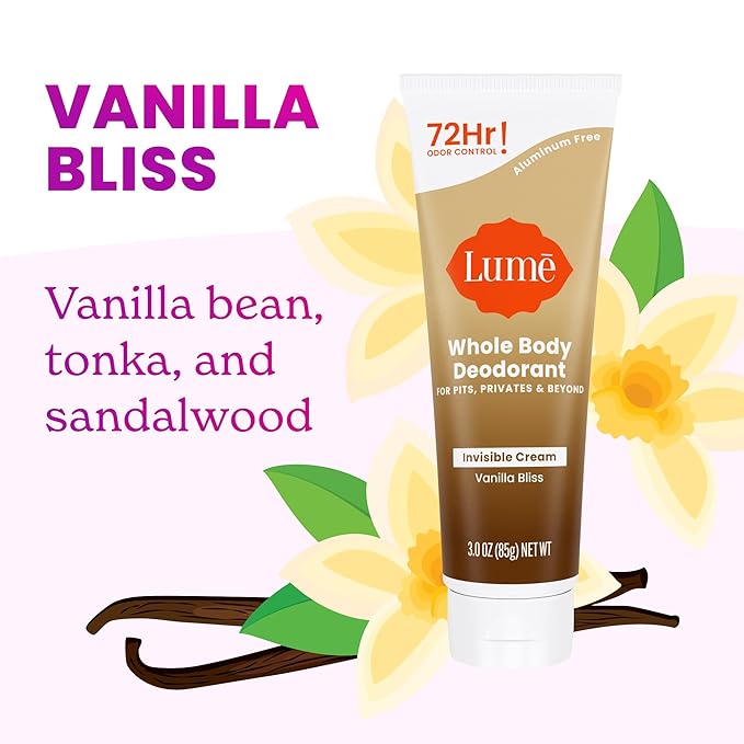 Lume Whole Body Deodorant - Invisible Cream Tube - 72 Hour Odor Control - Doctor Developed - Aluminum Free, Baking Soda Free and Skin Loving - 3.0 Ounce (Pack of 2) (Vanilla Bliss)