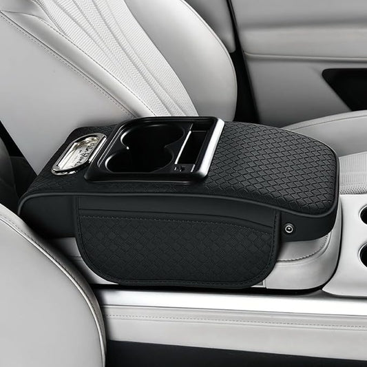 2026 Upgraded Car Center Console Cushion with 30w USB& Type-C Charging Ports, Leather Car Armrest Pad Cover, Interior Accessories for Most Vehicles (Ergonomic Sloped Version, Black)