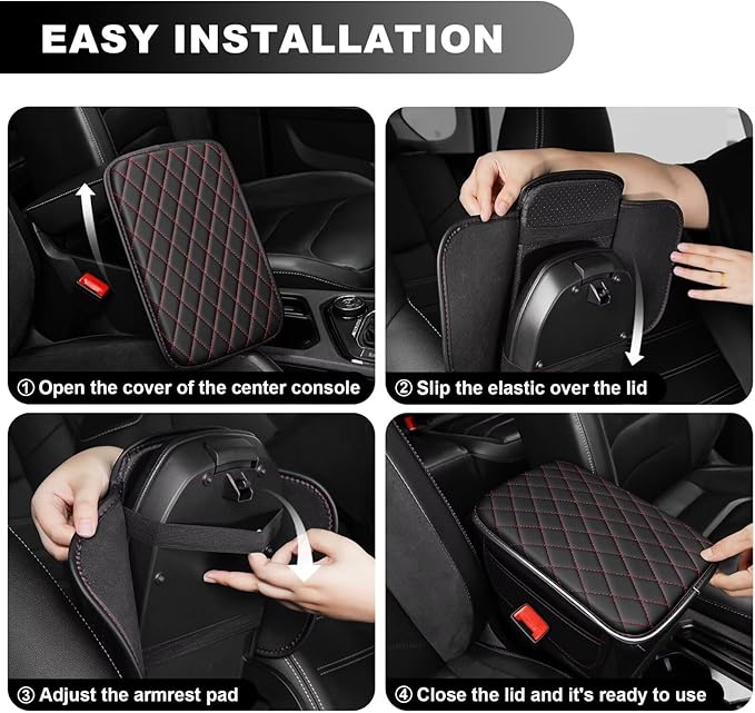 Upgraded Car Center Console Cover Fit for Highlander Faux Leather Car Armrest Cover Cushion with 2 Storage Bags,Car Armrest Storage Box Interior Accessories(Black&Redline)