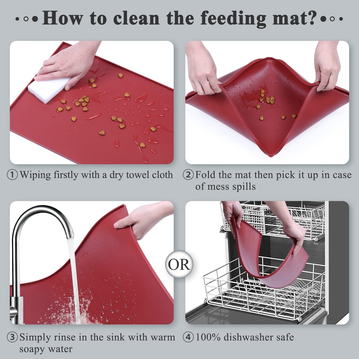 VIVAGLORY Dog Food Mat, Cat Dog Feeding Mat, Waterproof Non-Slip Food Grade Silicone Mat Placemat with Raised Edge, Anti-Messy Pet Bowl Mat for Food and Water, Burgundy, S(19"x12")