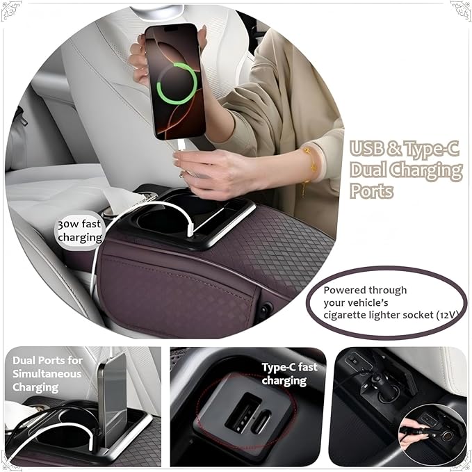 2026 Upgraded Car Center Console Cushion with 30w USB& Type-C Charging Ports, Leather Car Armrest Pad Cover, Interior Accessories for Most Vehicles (Ergonomic Sloped Version, Beige)