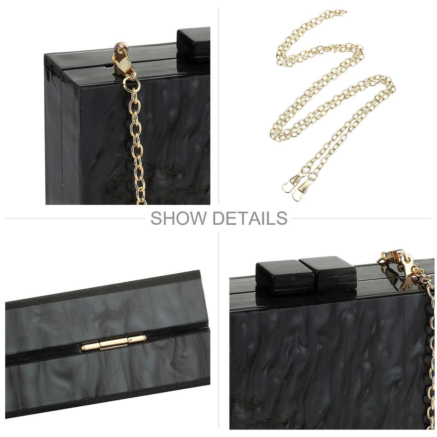 Acrylic Purses and Handbags with Marbling for Women Elegant Banquet Evening Crossbody Handbag Box Clutch (Black)