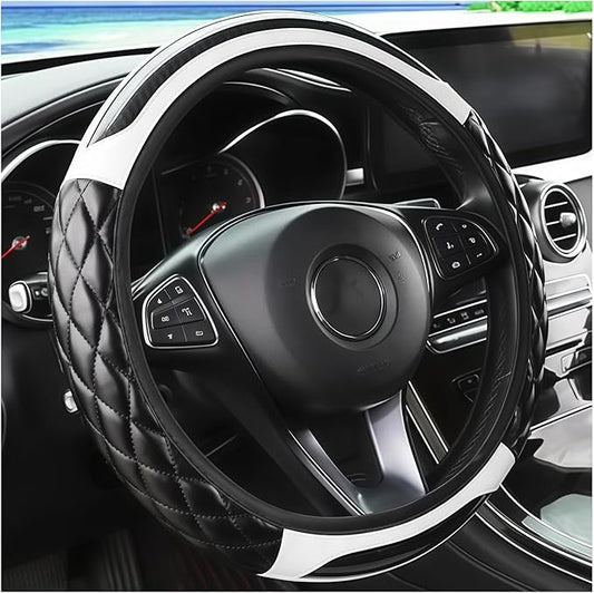 Carbon Fiber Car Steering Wheel Cover, Leather Breathable Non-Slip 14.5-15 Inch Vehicle Steering Wheel Protector, Auto Interior Protection Accessories, Universal for SUV Sedan Truck(White)