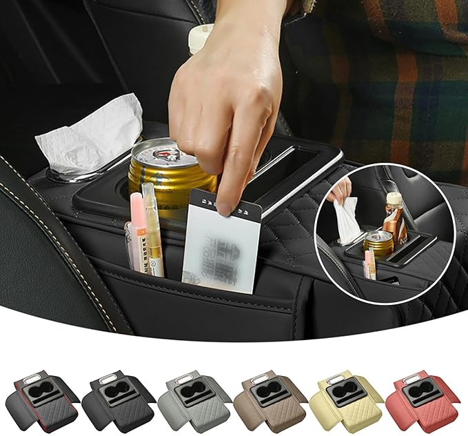 Car Armrest Cushion, 5-in-1 Center Console Cover with 2 Storage Bags Cup Holder, Cup Holder Tissue Slot Phone Slot for Car, Universal Car Armrest Box Cover Protection Pad for Most Vehicles (F)