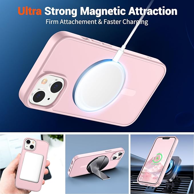 SUPFINE Magnetic for iPhone 14 Case & iPhone 13 Case with Screen Protector (Compatible with MagSafe)(Military Grade Drop Protection) Translucent Matte Shockproof Phone Cover,Light Pink