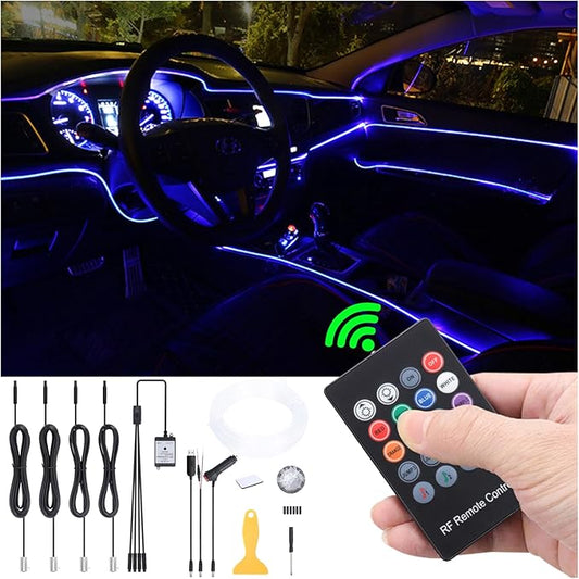 Car Ambient Lighting Optic Fiber 8 Colors Music Sound Active with RF Remote Control Car Decorative Atmosphere Lighting Kit DC 12V 1W 5m