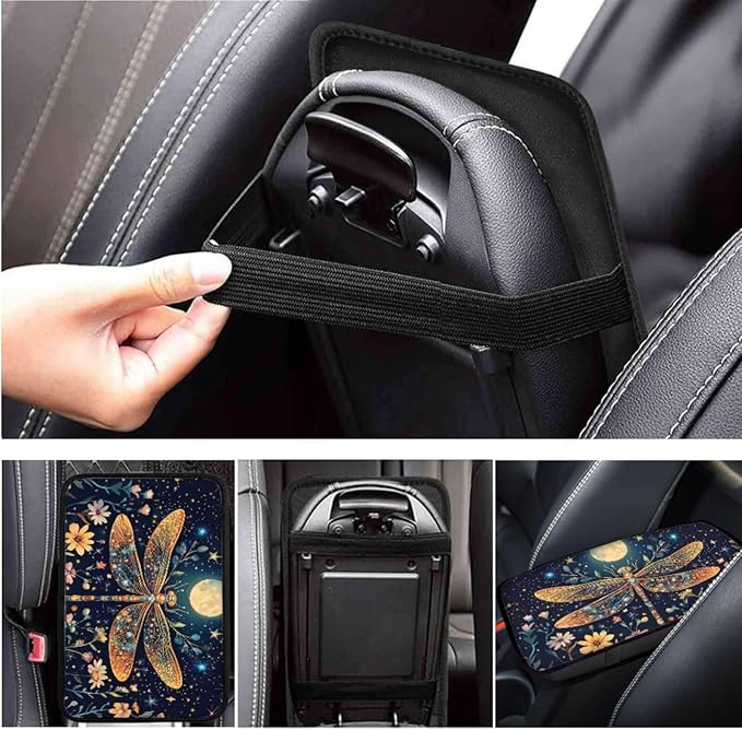 Dragonfly Print Car Steering Wheel Cover Sets for Women Moon Flower Auto Interior Accessories Cup Holder Armrest Pad Seatbelt Cushion Fit Vans Trucks,SUV