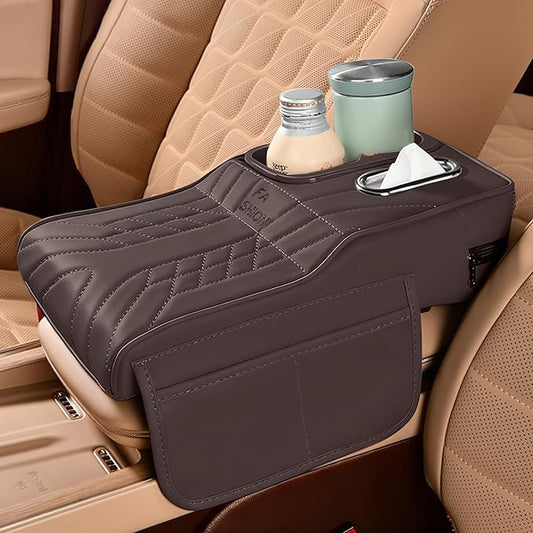 Car Center Console Armrest Pillow, 13.4"×7.5"×2" Leather Auto Arm Rest Cover with Pocket & Tissue Box & Cup Holder, Multifunctional Vehicle Armrest Cushion Pad, Car Accessories (Brown)