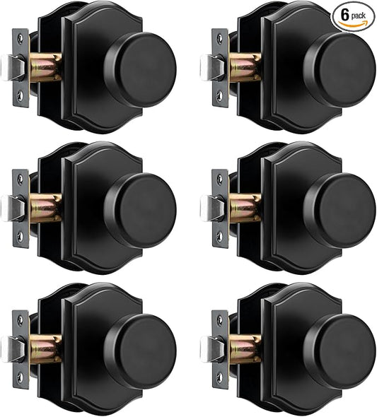 6 Pack Pismo Doorknobs with Lock for Hall, Black Interior Door Knobs with Camelot Trim