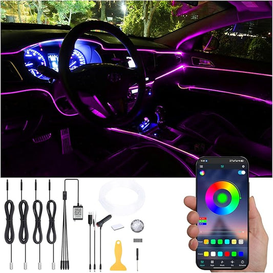 Car Interior Strip Lights, 4 in 1 Multicolor RGB Car Ambient Lighting Kit, 4m Fiber Optic EL Neon Tube Light, DIY Mode Music Sync APP Control DC 12V