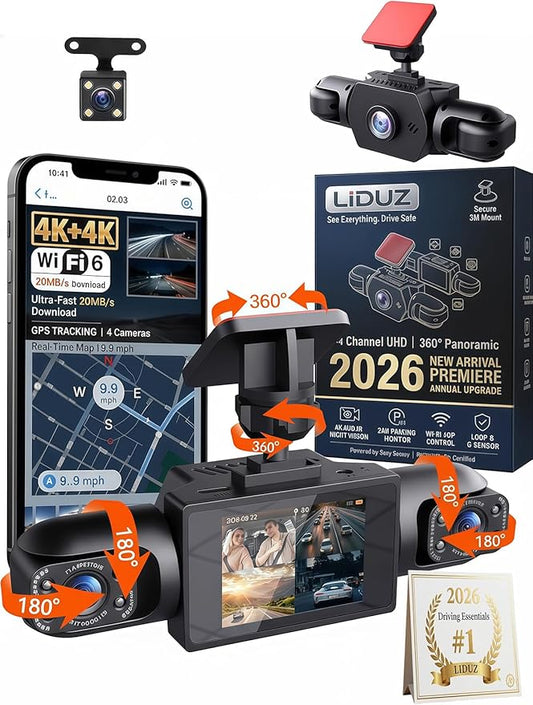 2026 New Full View Wireless Car Dashcam System,4k 4-Channel 360° Panoramic Dash Camera WiFi 6 Driving Recorder,Infrared Night Vision,24/7 Parking Monitor,G-Sensor,Motion Detection(64g)