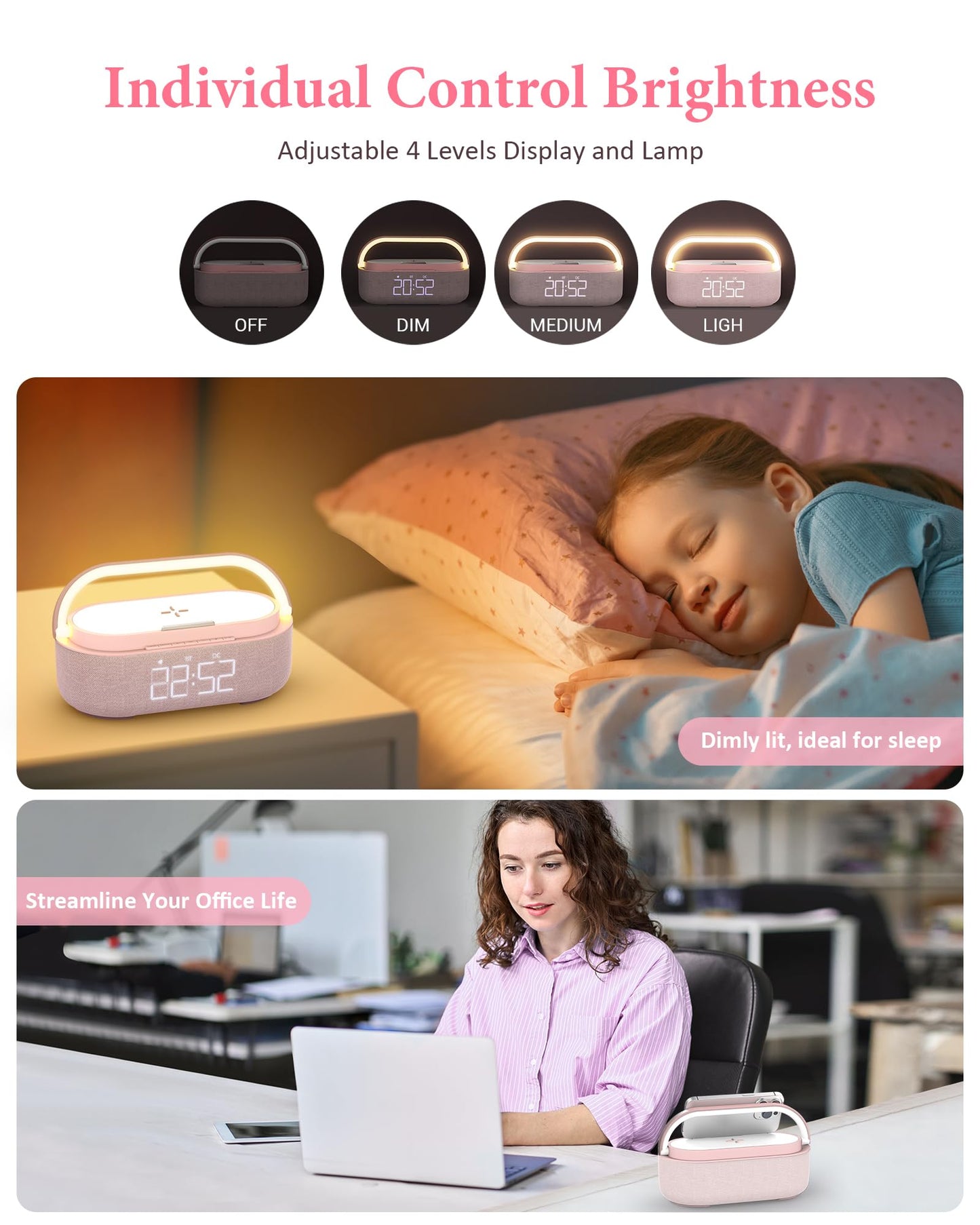 COLSUR Bluetooth Speaker with Wireless Charger, FM Radio, Dimmable LED Night Light, Dual Wireless Speakers, 2500mAh Portable Speaker for Home Decoration, Bedroom, Office, Gift