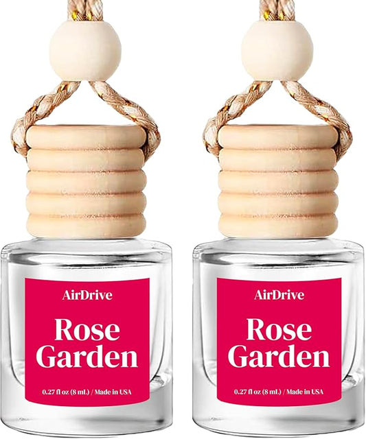 Car Air Freshener, 2 Pack Hanging Oil Diffuser With Wooden Cap, Gift For Men & Women, Non-Toxic Rearview Mirror Car Accessory, Made in USA, Odor Eliminator For Car (Rose Garden)