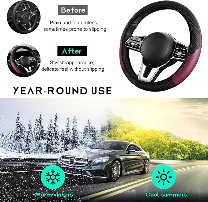 Car Steering Wheel Cover, 15 inch Carbon Fiber Microfiber Leather Elastic Steering Wheel Protector, Breathable Anti-Slip Comfortable Steering Wheel Covers for Most Cars (Wine Red, AD)