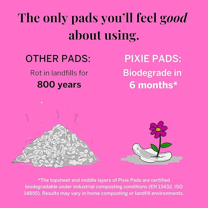 Pixie Organic Cotton Overnight Pads for Women - Extra Heavy Absorbency with Wings - Leak-Proof, Hypoallergenic & Unscented - Compostable, Biodegradable - 12 Count