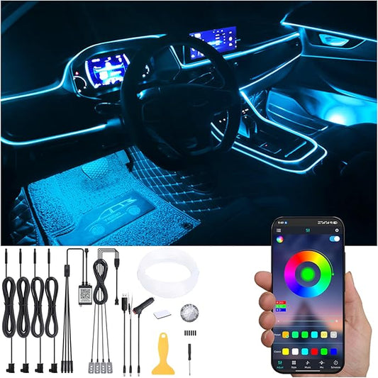 Car Atmosphere Light Kit 5m Fiber Optic RGB Multicolor Sound Active Music Sync Memory Function Bluetooth APP Control 64 Colors USB Car Interior Footwell Ambient Lighting Kit DC 12V